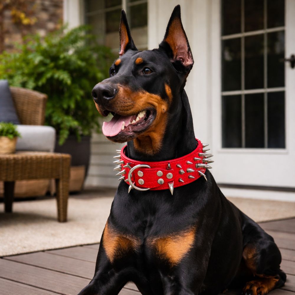 Dobermann portant un collier chien clouté rouge sur une véranda