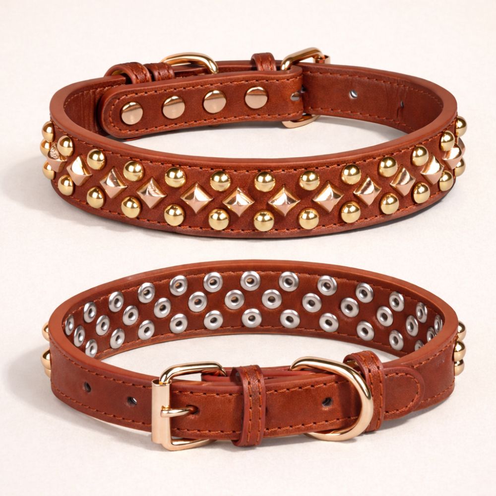 Collier chien marron avec boucle métallique anti-rouille, cuir épais et finition soignée