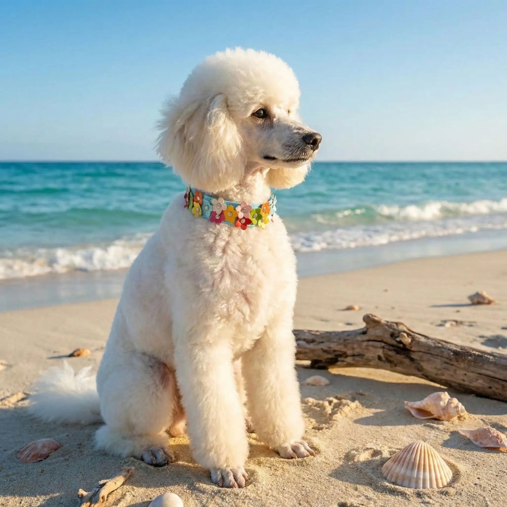 Caniche blanc portant un collier chien original bleu au bord de la mer
