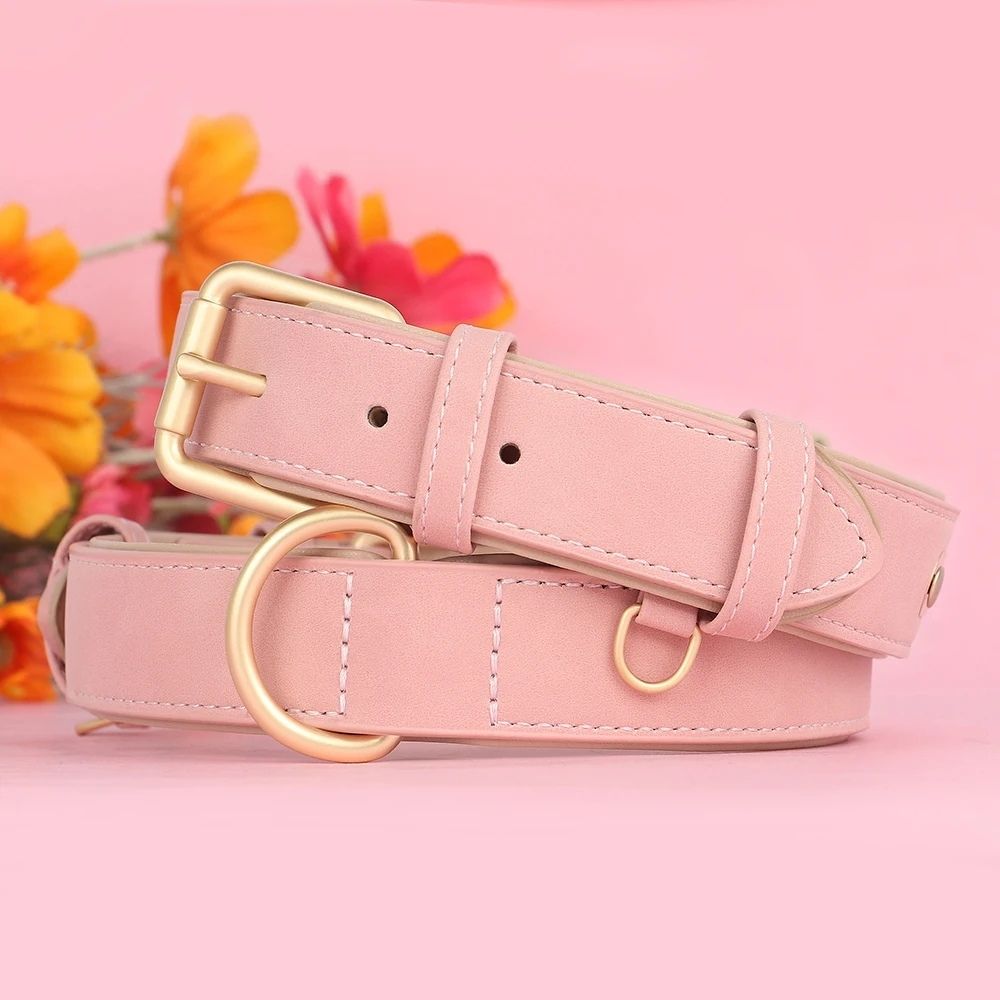 Détail du collier chien rose avec intérieur doux, boucle réglable et finitions confortables