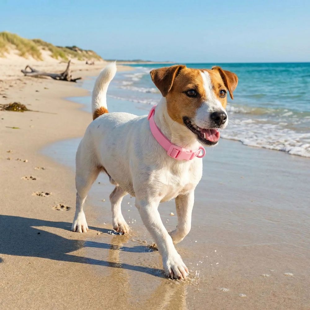 Jack Russell portant un collier chien rose en promenade sur la plage au bord de la mer