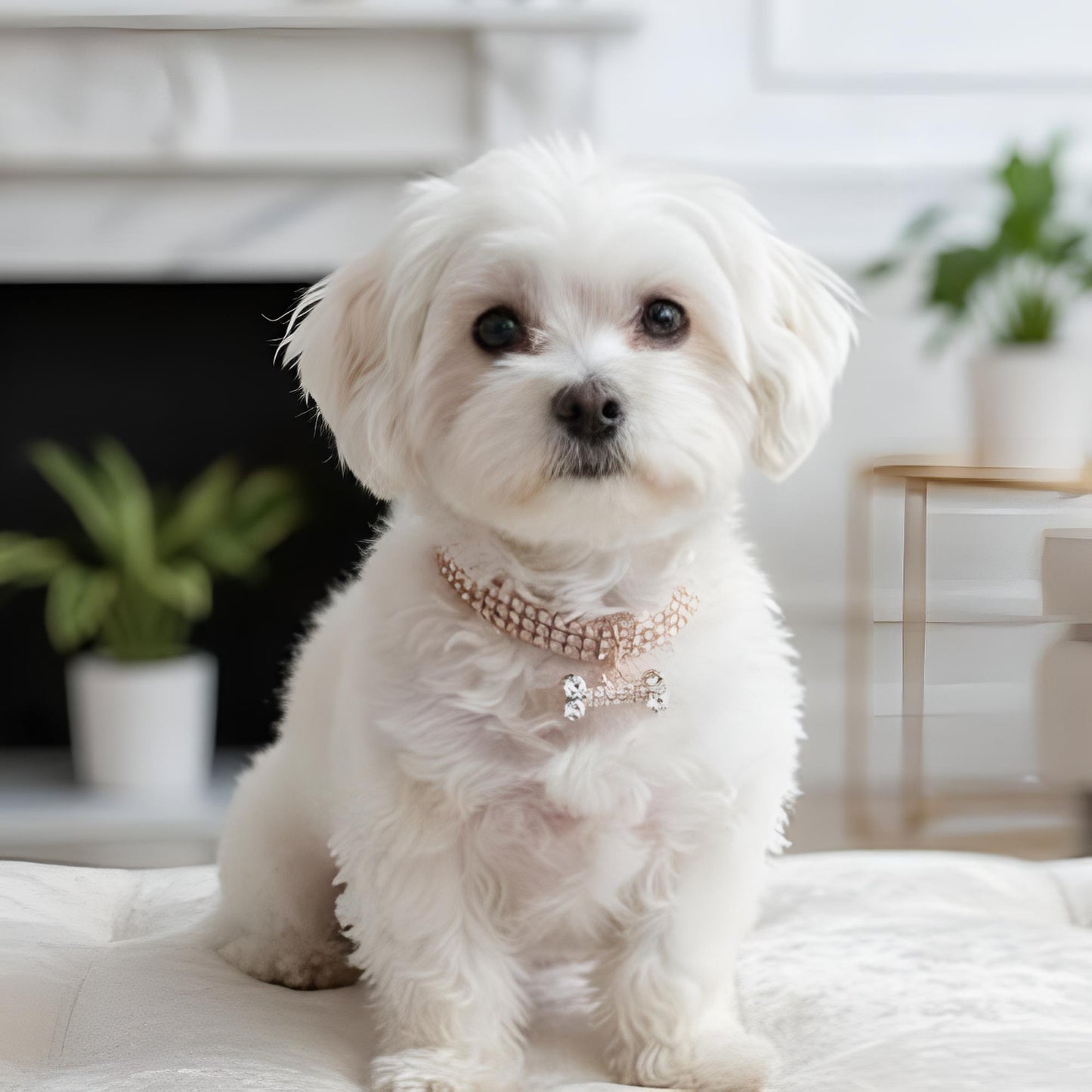 Bichon blanc portant un collier chiot décoratif et brillant dans un salon éclairé