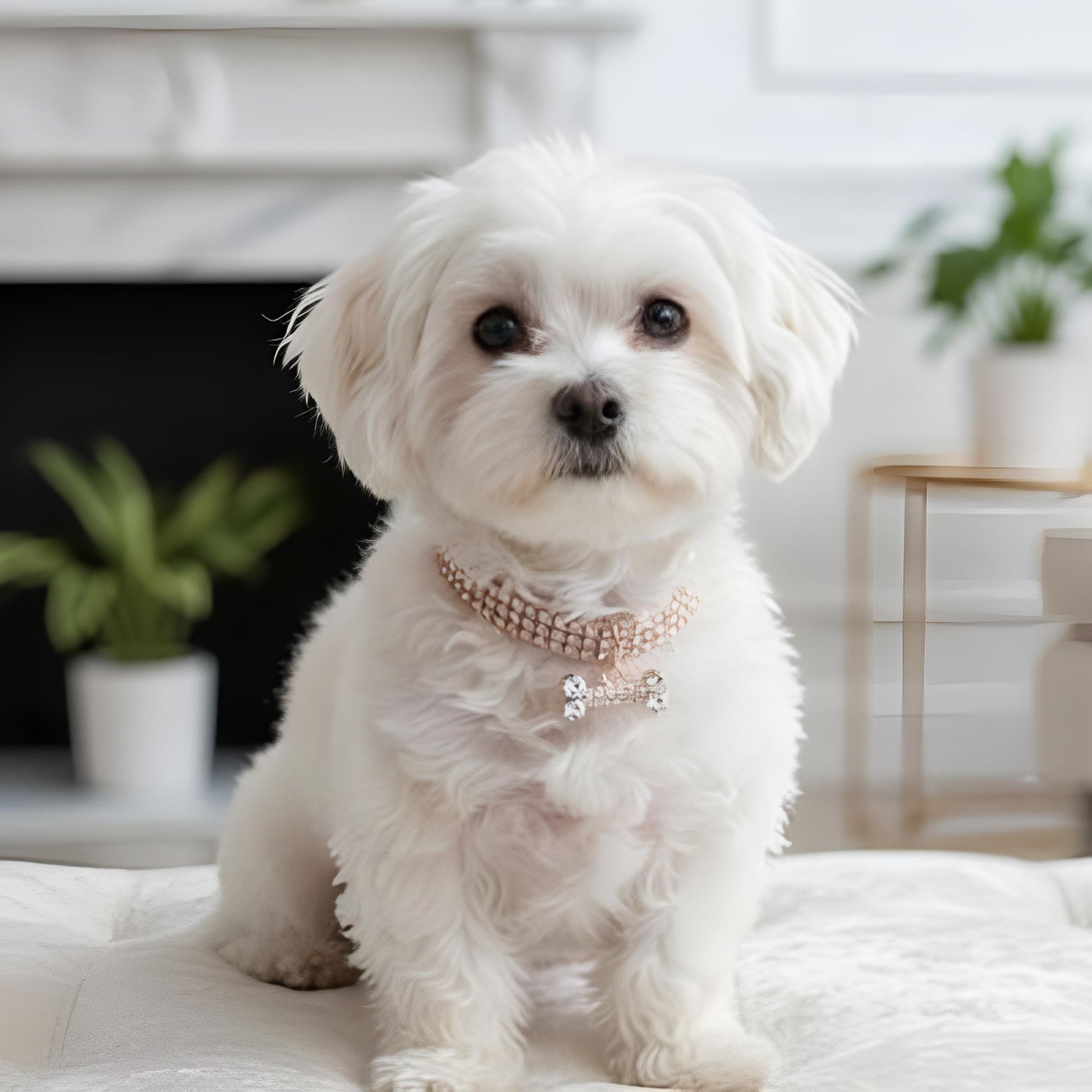 Bichon blanc portant un collier chiot décoratif et brillant dans un salon éclairé
