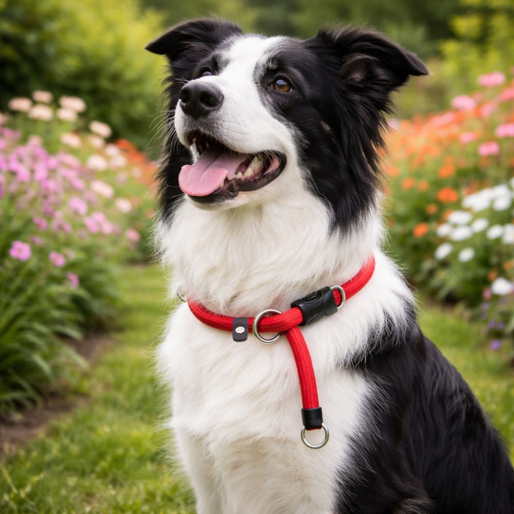 Border Collie portant un collier en corde pour chien rouge dans un jardin fleuri