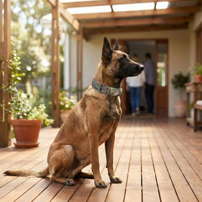 Malinois au regard attentif équipé d’un collier gros chien camouflage, assis sur la véranda