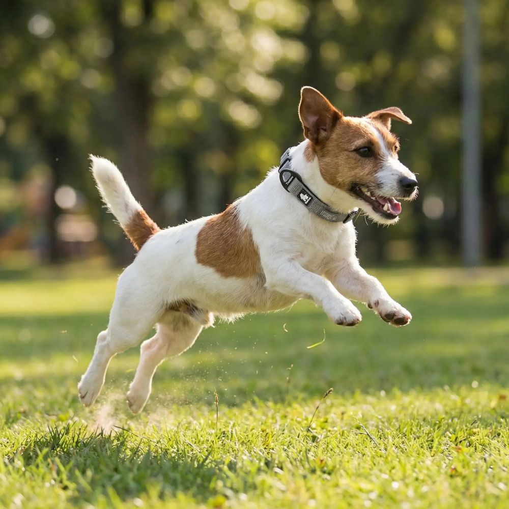 Jack Russell portant un collier pour chien  gris en train de jouer sur une pelouse