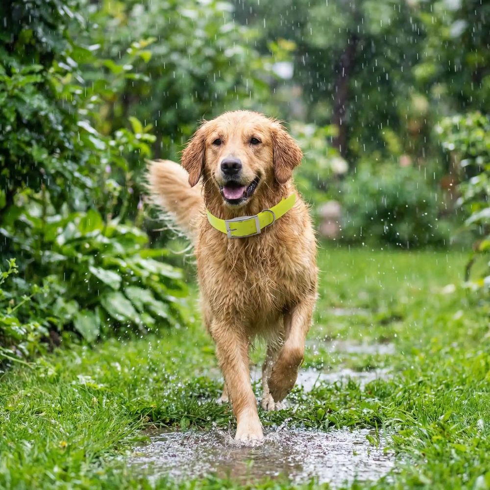 Golden court sous la pluie portant un collier pour chien imperméable en matière technique résistante
