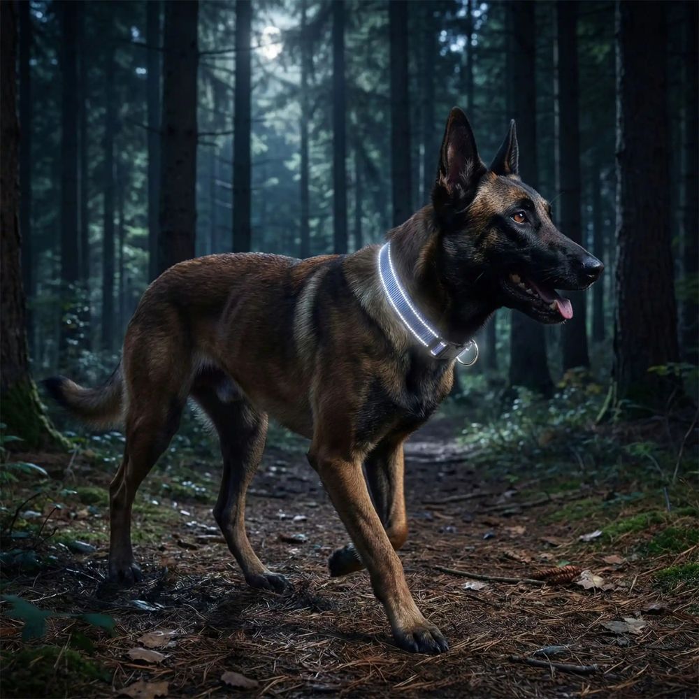 Malinois se promenant en forêt avec son collier réfléchissant pour chien visible à la tombée de la nuit