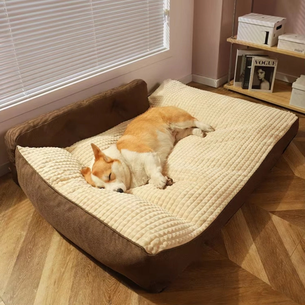 corgi endormi sur le couchage pour chien, dans un doux confort