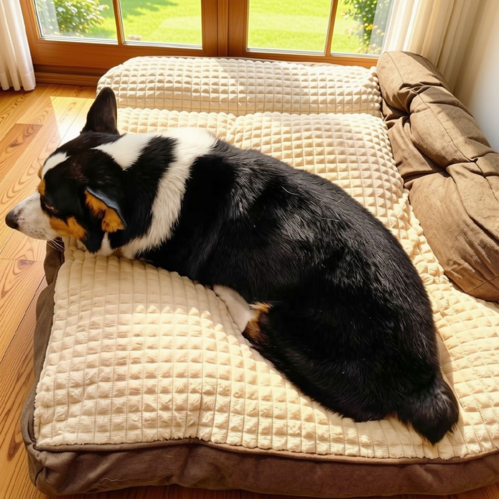 Chien de moeyn gabarit, allongé sur un couchage pour chien confortable en térylène doux