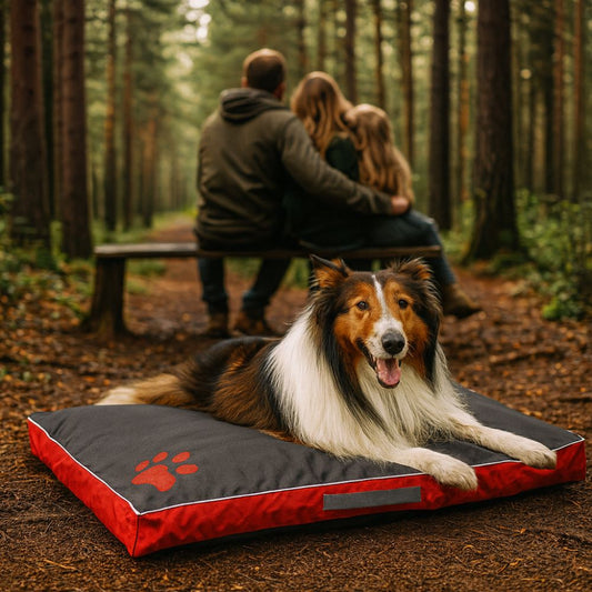 Colley allongé sur un coussin déhoussable pour chien dans la forêt, sa famille en arrière plan