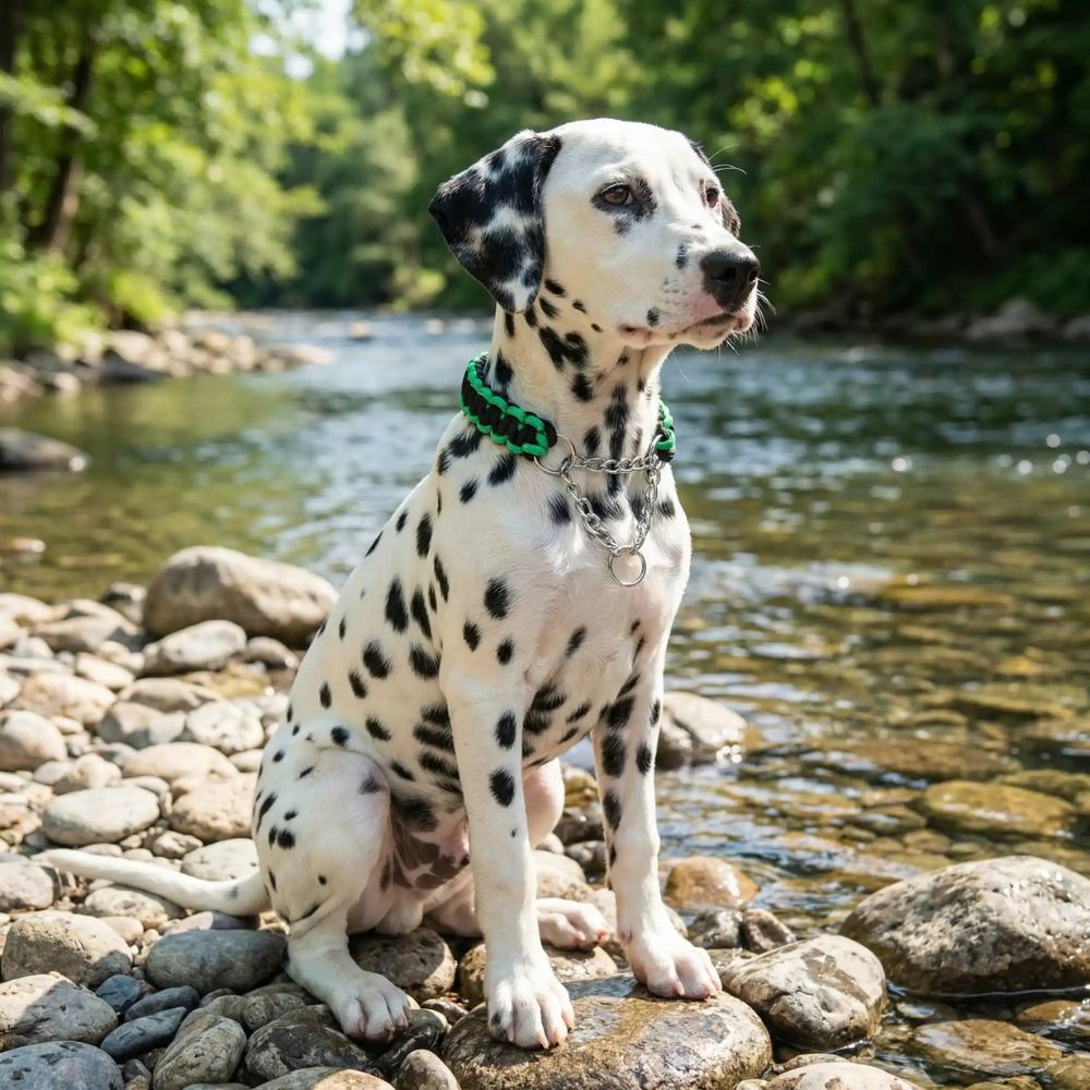 Dalmatien portant un collier chien paracorde tressé main avec chaîne métallique, assis au bord d’une rivière