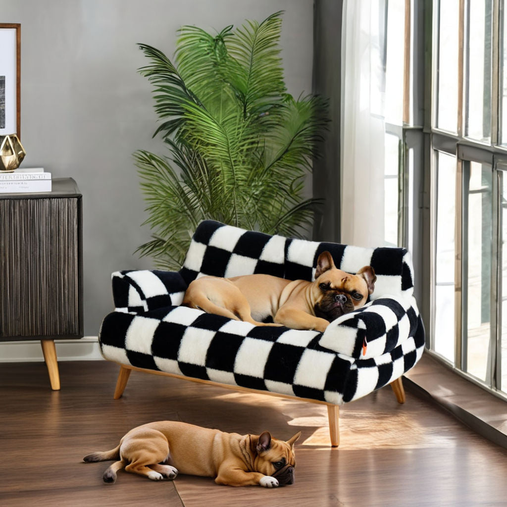 Deux bouledogues ensemble, l’un sur le canapé pour chien, l’autre allongé à côté