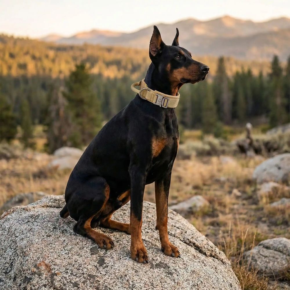 Doberman assis en nature portant un collier tactique chien beige sable épais