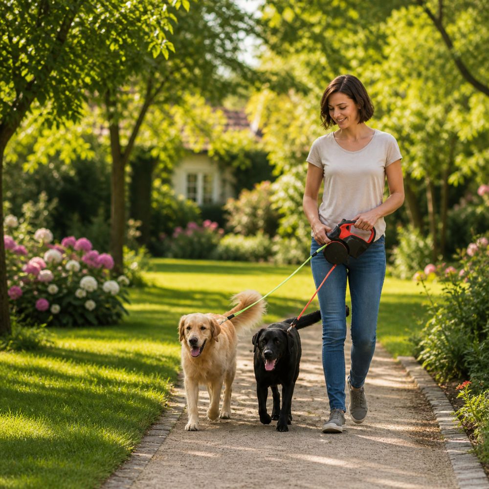 Double laisse pour chien utilisée par une femme promenant deux chiens dans un jardin fleuri