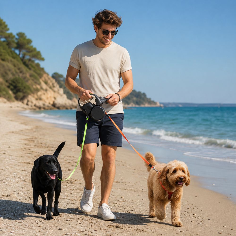 Double laisse pour chien utilisée sur la plage avec deux chiens lors d’une promenade estivale