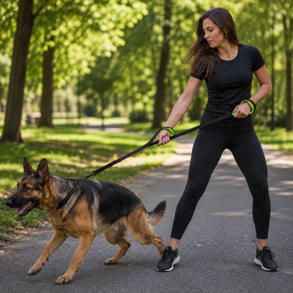 Jeune femme utilisant une laisse pour chien qui tire pour contrôler un berger allemand en promenade