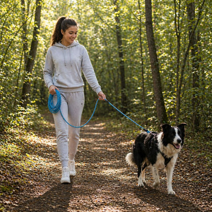 border collie marchant en forêt avec une longe pour chien bleue idéale pour balade
