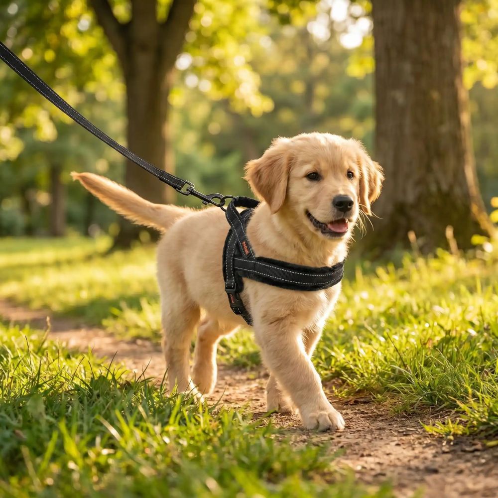 harnais chiot porté par un jeune golden lors d’une promenade en forêt avec maintien confortable