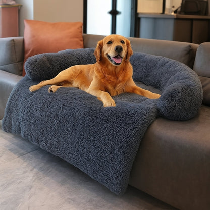 Golden retriever allongé dans le salon sur un lit canapé pour chien moelleux