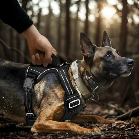 Malinois maintenu par le poignet renforcé de son harnais anti traction chien lors d’une promenade en forêt