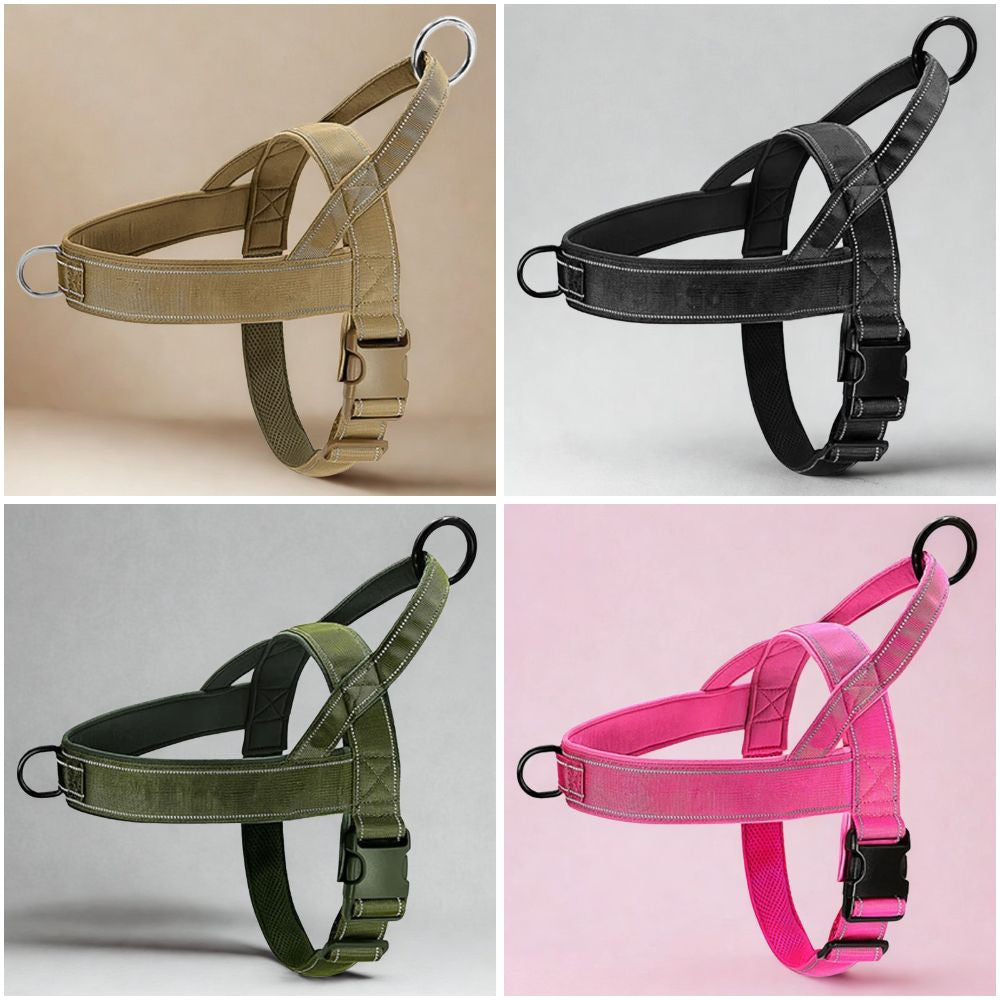 Harnais anti traction pour chien disponible en plusieurs couleurs rose noir vert et gris avec design confortable