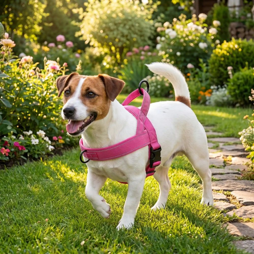 Jack russell explorant un jardin avec un harnais anti traction pour chien léger et confortable