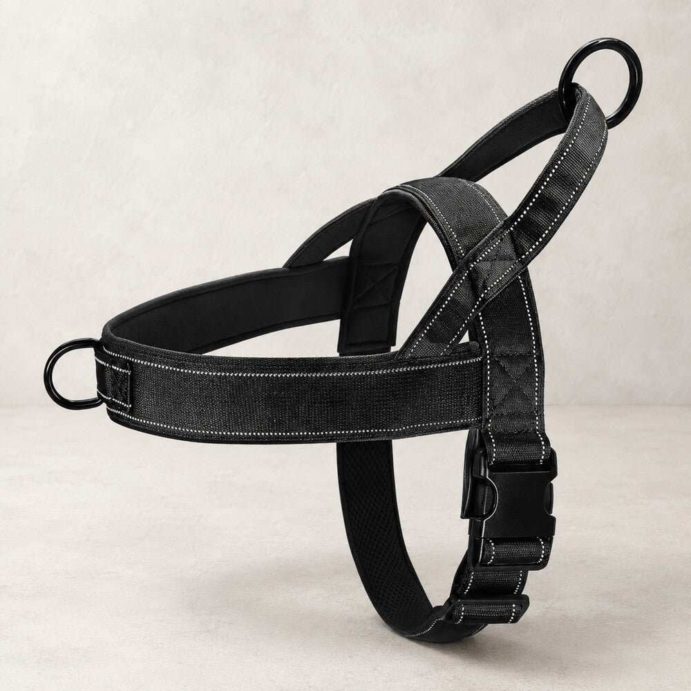 Harnais anti traction pour chien noir avec bandes réfléchissantes