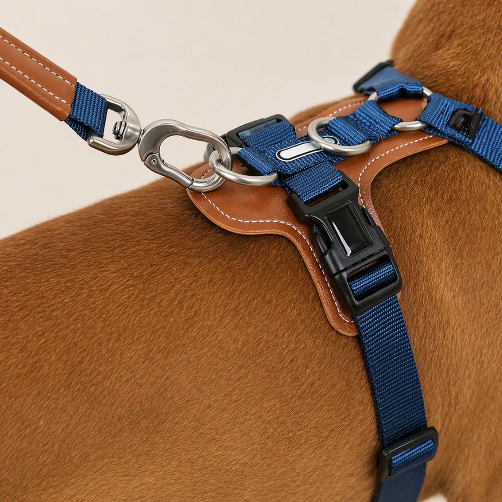 détail du harnais chien 3 points avec attache métallique solide et sangles résistantes pour sécurité optimale