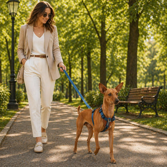 femme élégante promenant son chien avec un harnais chien 3 points dans un parc arboré