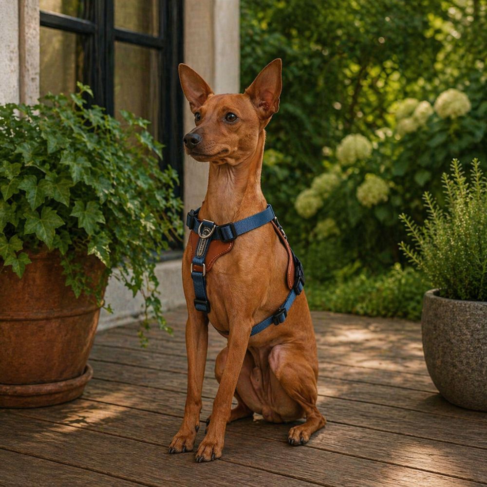 harnais chien 3 points sur un levrier assis dans un jardin verdoyant offrant maintien confortable et ajustement précis