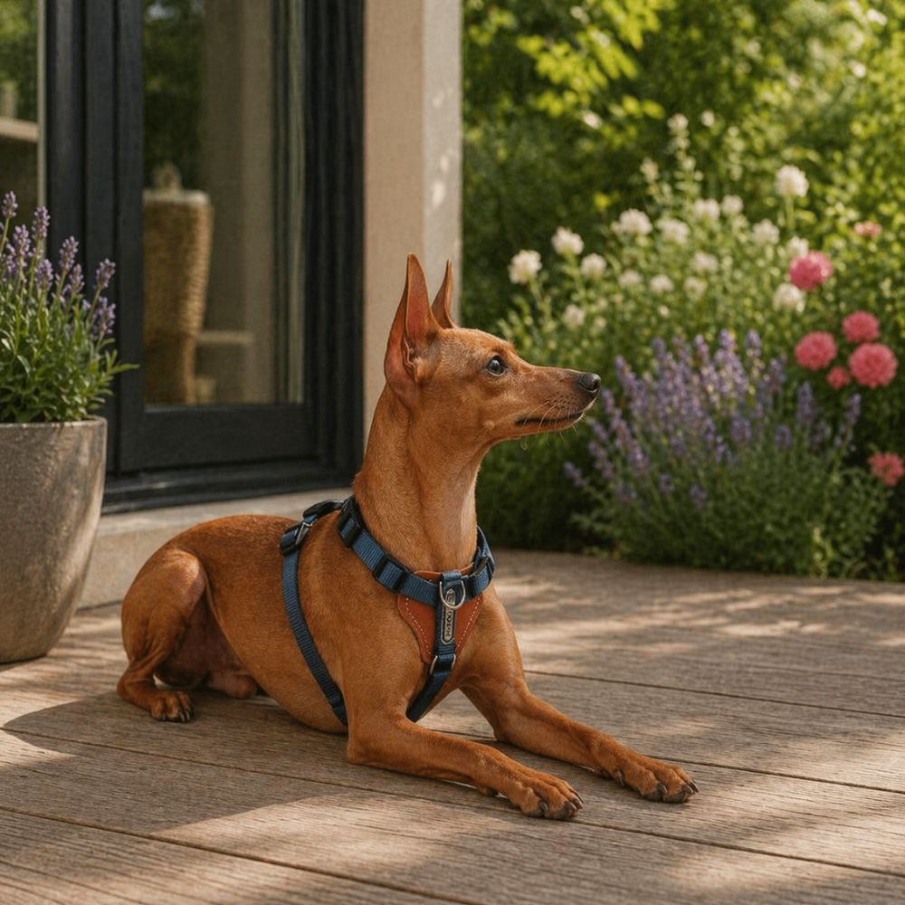 harnais chien 3 points porté par un chien allongé sur une véranda avec jardin fleuri en arrière-plan