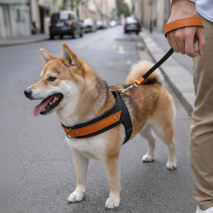 Shiba inu portant un harnais chien anti traction tenu en laisse par son maître dans une rue urbaine
