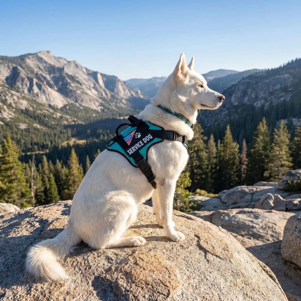 Husky assis en montagne portant un harnais chien bleu lors d’une randonnée en plein air