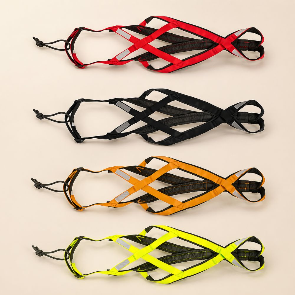 harnais pour chien canicross disponible en plusieurs couleurs rouge noir jaune et vert fluo avec bandes réfléchissantes