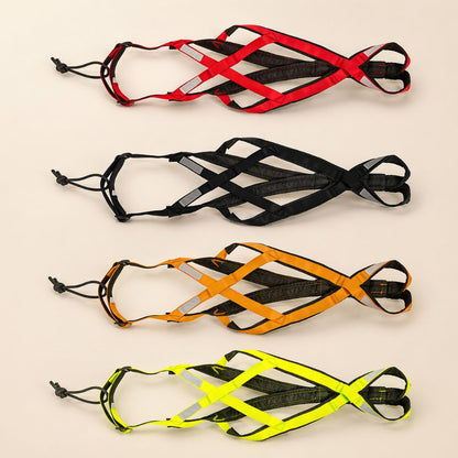 harnais pour chien canicross disponible en plusieurs couleurs rouge noir jaune et vert fluo avec bandes réfléchissantes