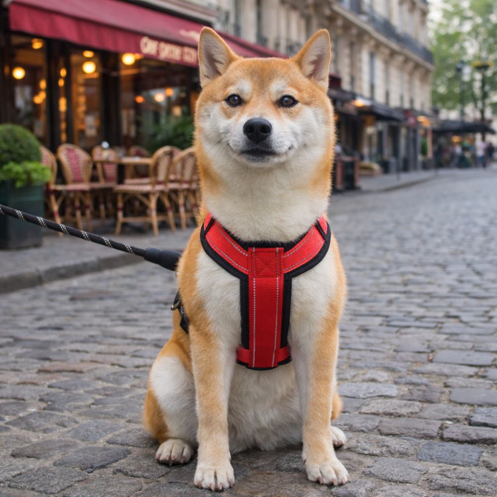 shiba portant un harnais chien en y rouge assis dans une rue devant un café parisien