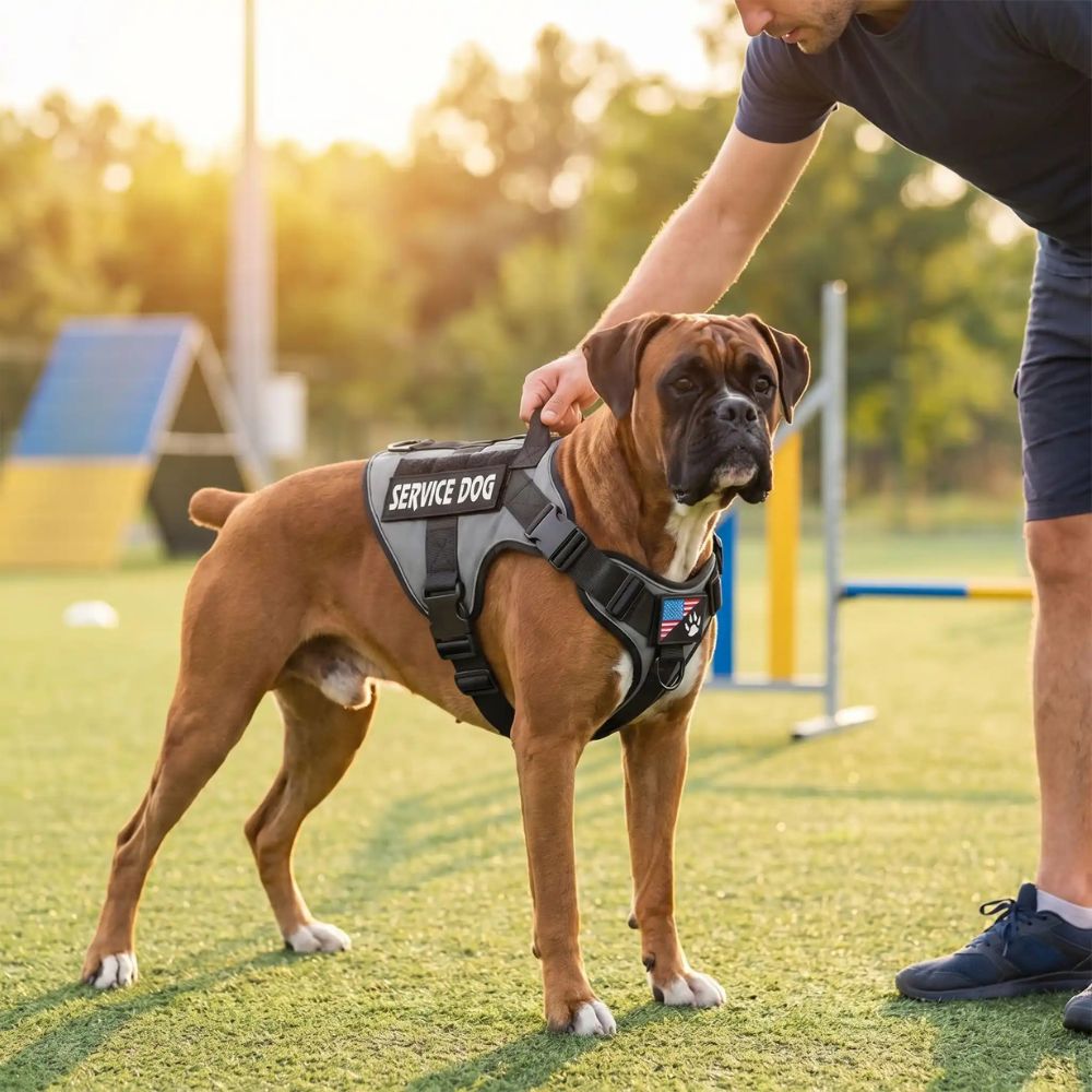 Boxer en entraînement avec un harnais chien gris tenu par son maître sur un terrain de dressage