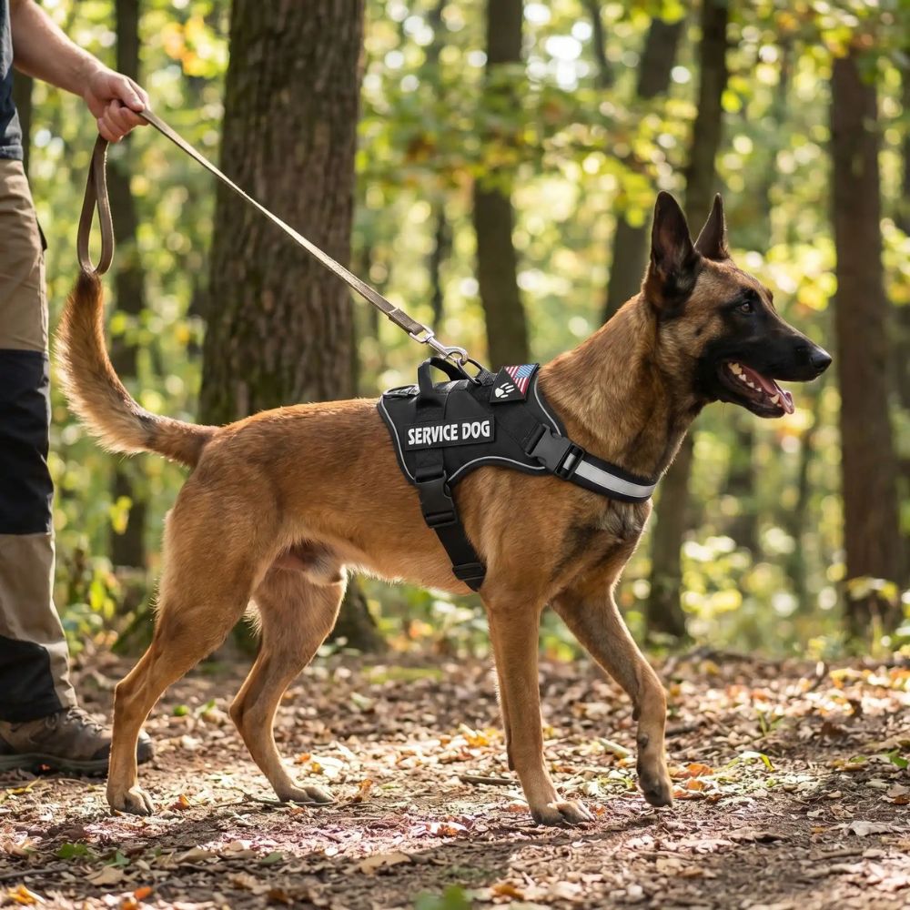 Malinois portant un harnais chien robuste tenu en laisse lors d’une promenade en forêt