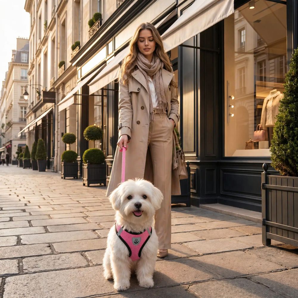 bichon maltais portant un harnais chien rose en balade urbaine avec maîtresse élégante