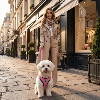 bichon maltais portant un harnais chien rose en balade urbaine avec maîtresse élégante
