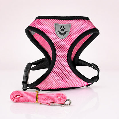 Harnais chien rose bonbon en maille avec laisse assortie