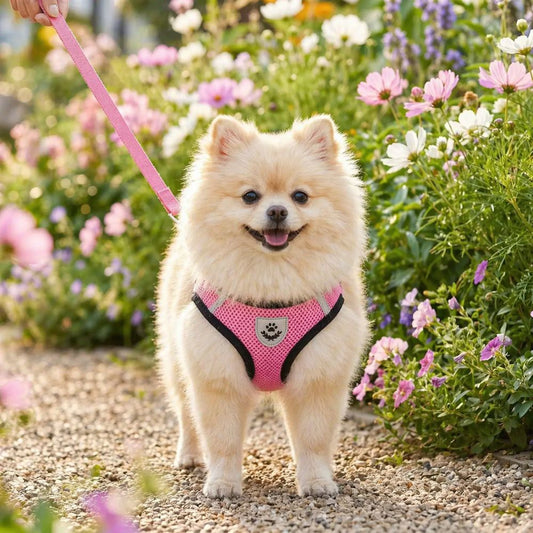 spitz crème portant un harnais chien rose devant un jardin fleuri en promenade