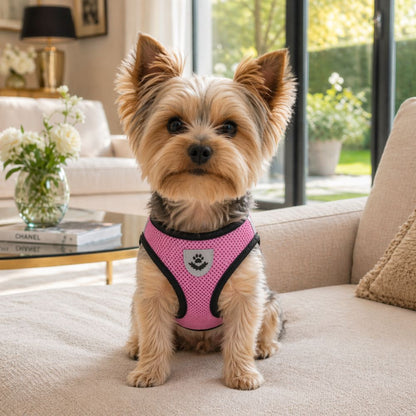 petit chien portant un harnais chien rose assis sur canapé dans un salon chic