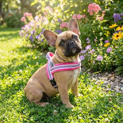 harnais chiot rose porté par un petit bouledogue dans un jardin fleuri avec design doux et rembourré