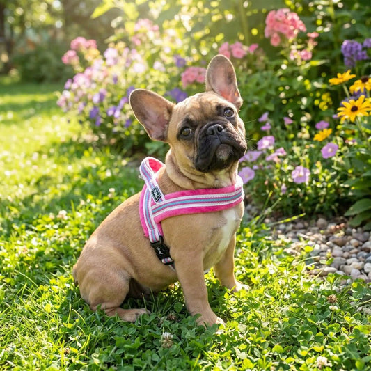 harnais chiot rose porté par un petit bouledogue dans un jardin fleuri avec design doux et rembourré