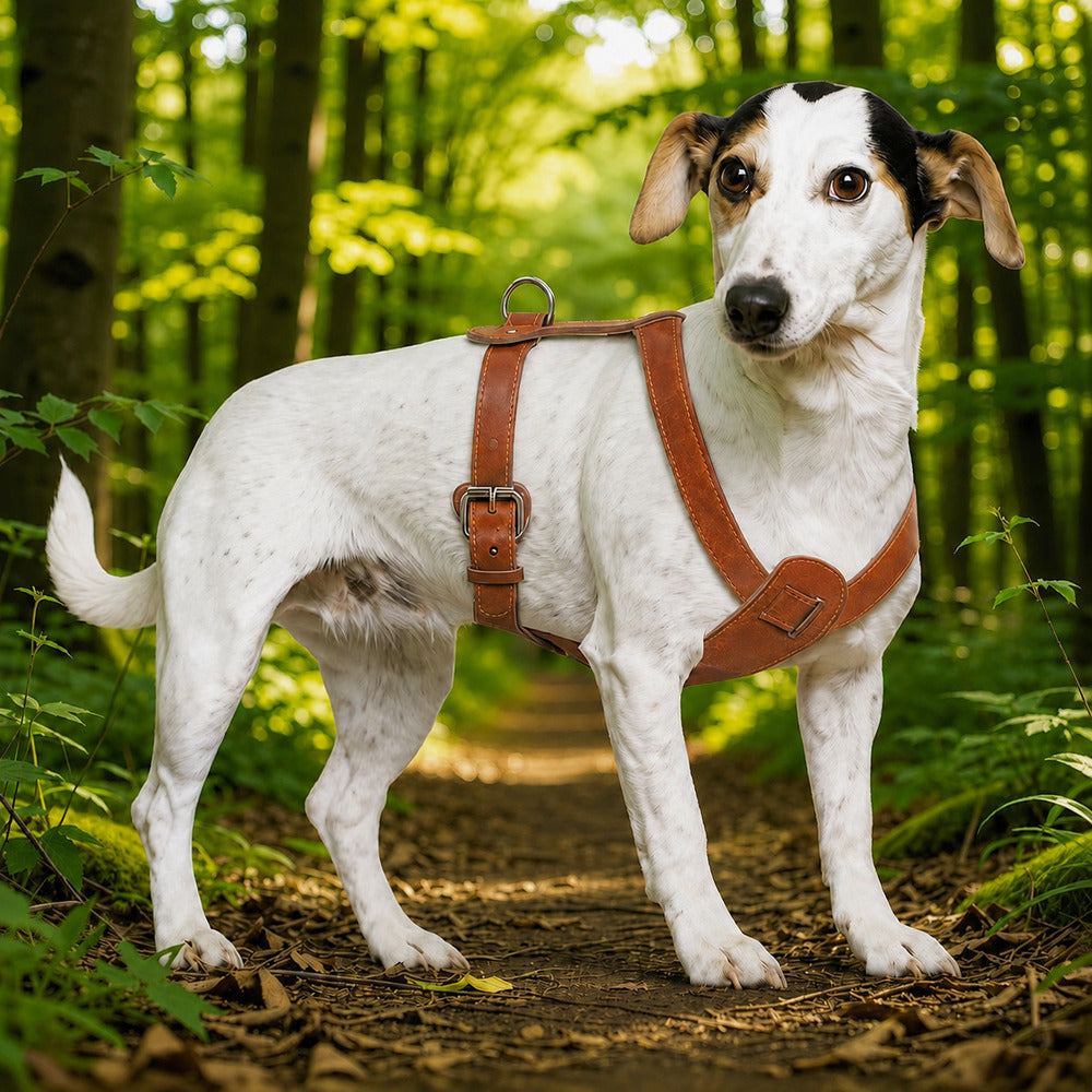 Jack Russel portant un harnais cuir chien en forêt