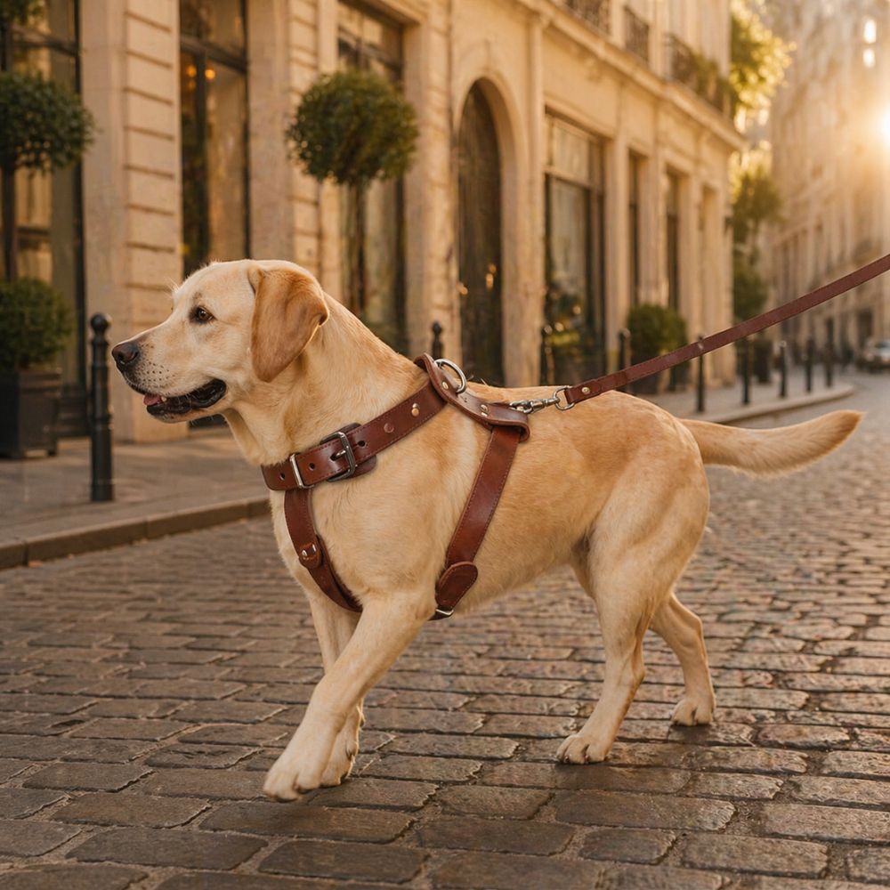 harnais cuir chien porté par un labrador en promenade dans une rue élégante avec pavés en ville