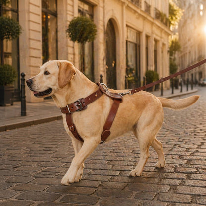 harnais cuir chien porté par un labrador en promenade dans une rue élégante avec pavés en ville