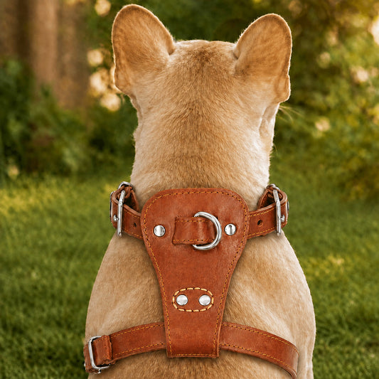 harnais cuir chien vu de dos sur un chien